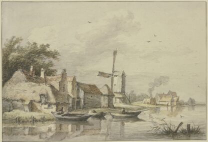 Dorf mit einer Windmühle am Wasser by Jan Hulswit