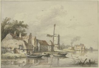 Dorf mit einer Windmühle am Wasser by Jan Hulswit
