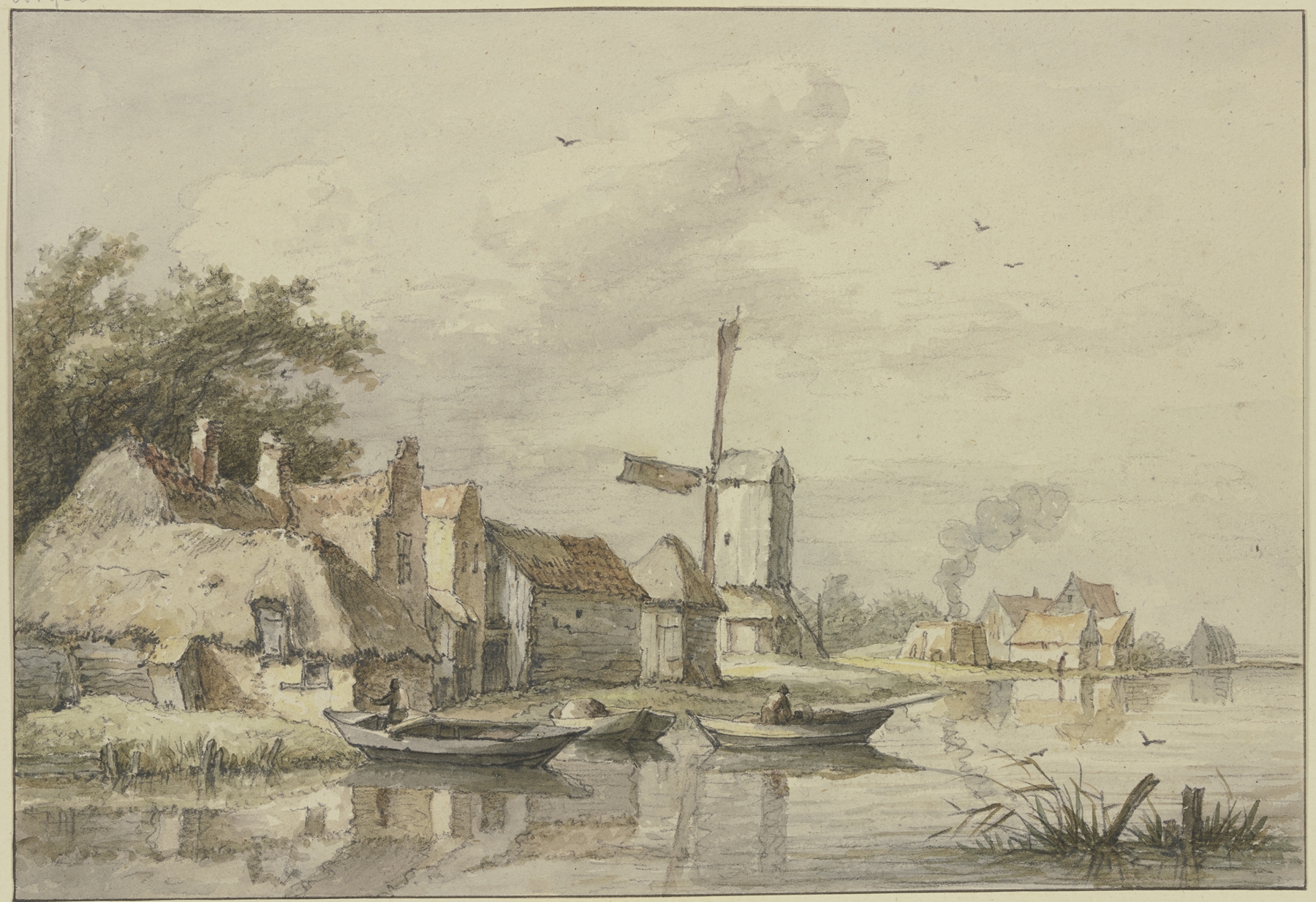 Dorf mit einer Windmühle am Wasser by Jan Hulswit