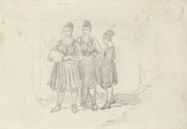 Drei Bauernmädchen in oberhessischer Tracht by Carl Engel