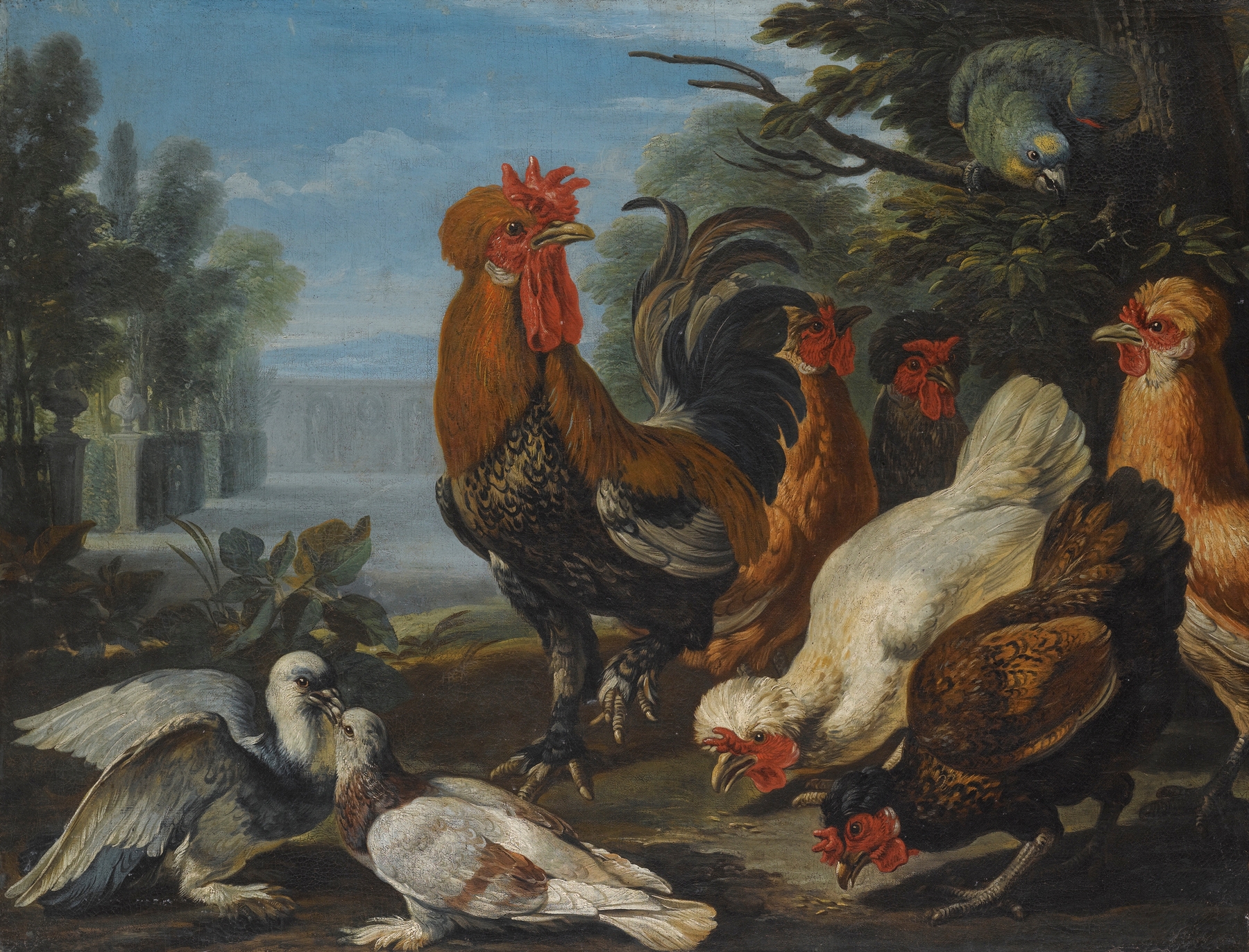 Ducks, Guinea Pigs And A Rabbit In A Wooded Landscape Beside A Lake by David de Coninck