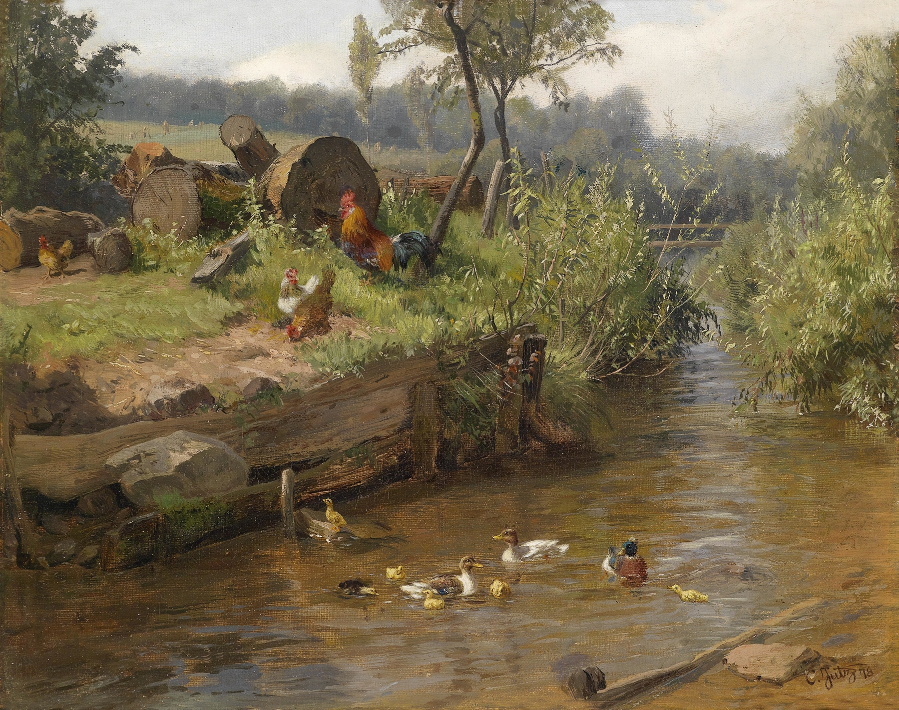 Entenfamilie an der Wehr by Carl Jutz