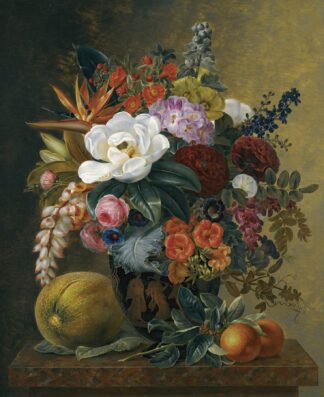 Exotic blooms in a Grecian krater with fruit on a marble ledge by Johan Laurentz Jensen