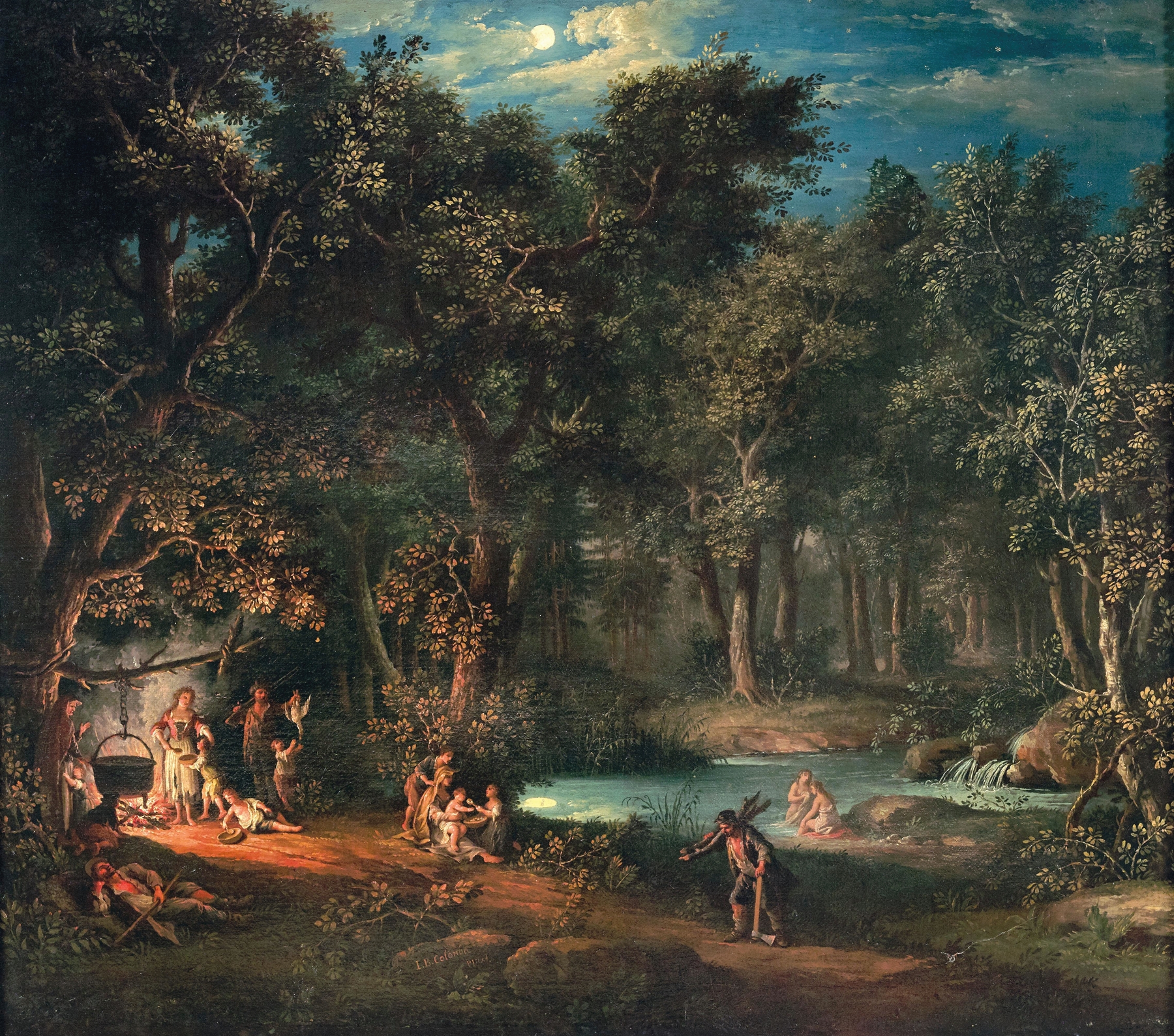 Figures by an encampment in a nocturnal landscape by Giovanni Battista Innocenzo Colombo
