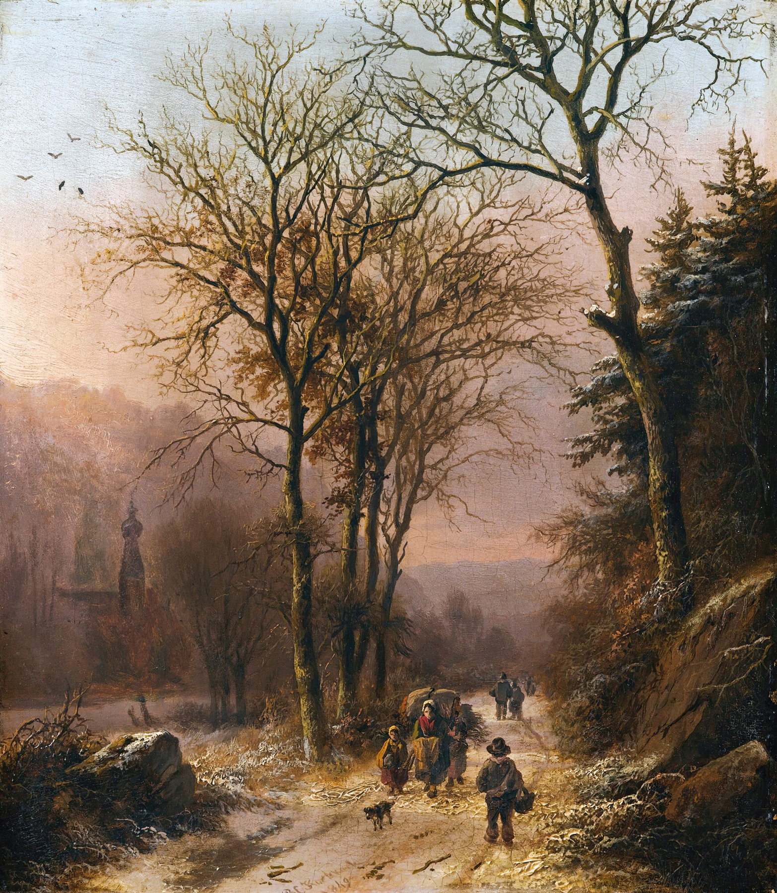 Figures on a winter road by Barend Cornelis Koekkoek