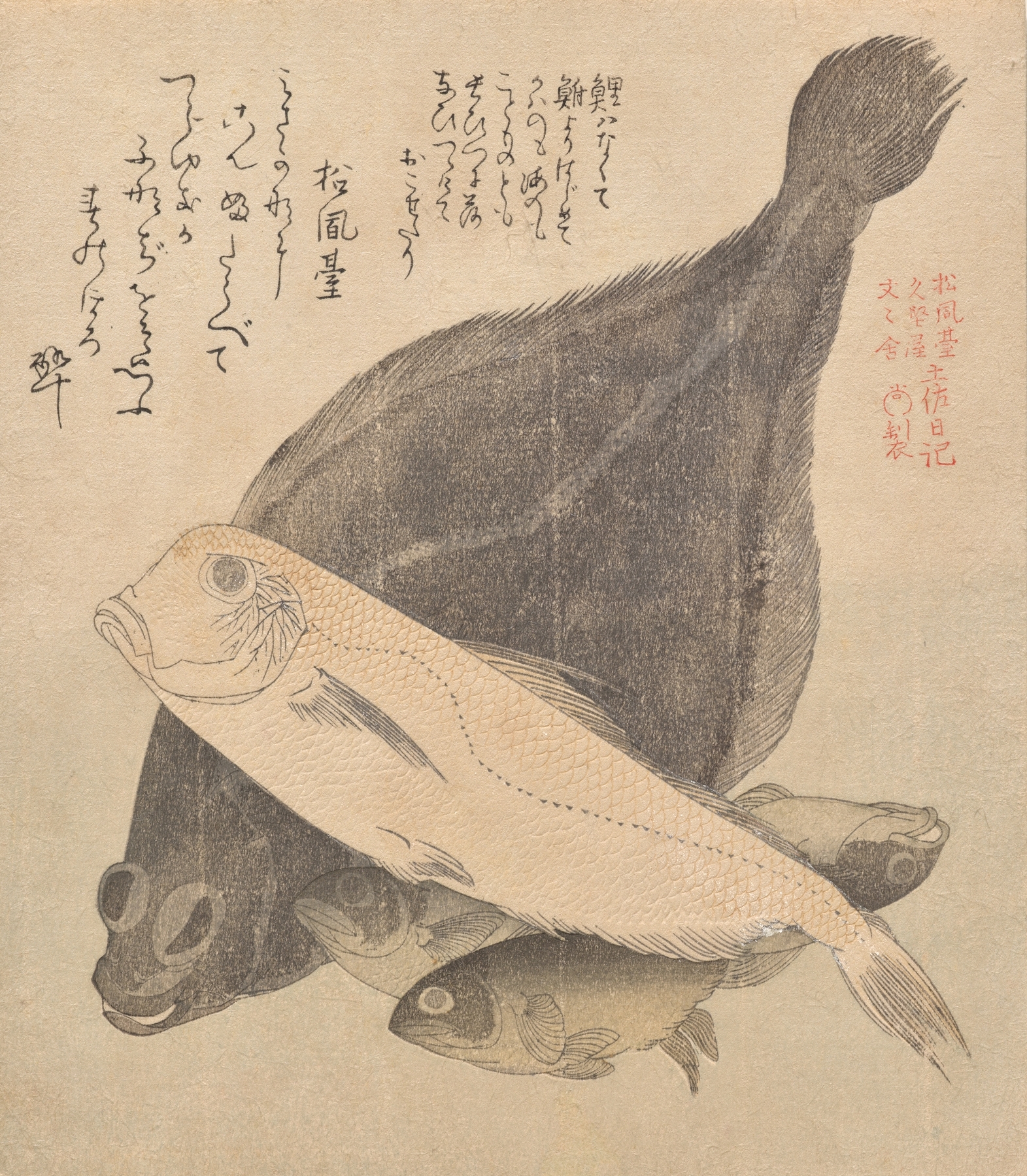 Flounder, Tilefish, and Three Crucian Carp, from the series Tosa Diary by Kubo Shunman