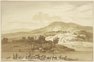 Fluß mit Herde, im Hintergrund Berge by Jan Hulswit
