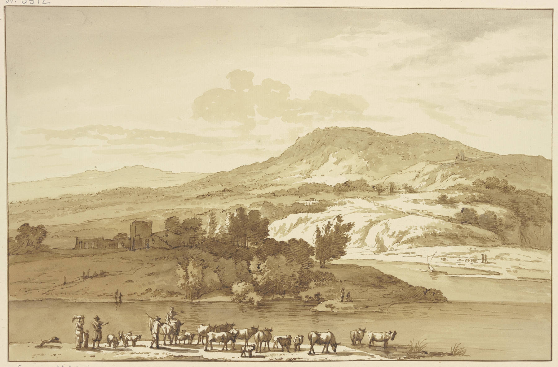Fluß mit Herde, im Hintergrund Berge by Jan Hulswit