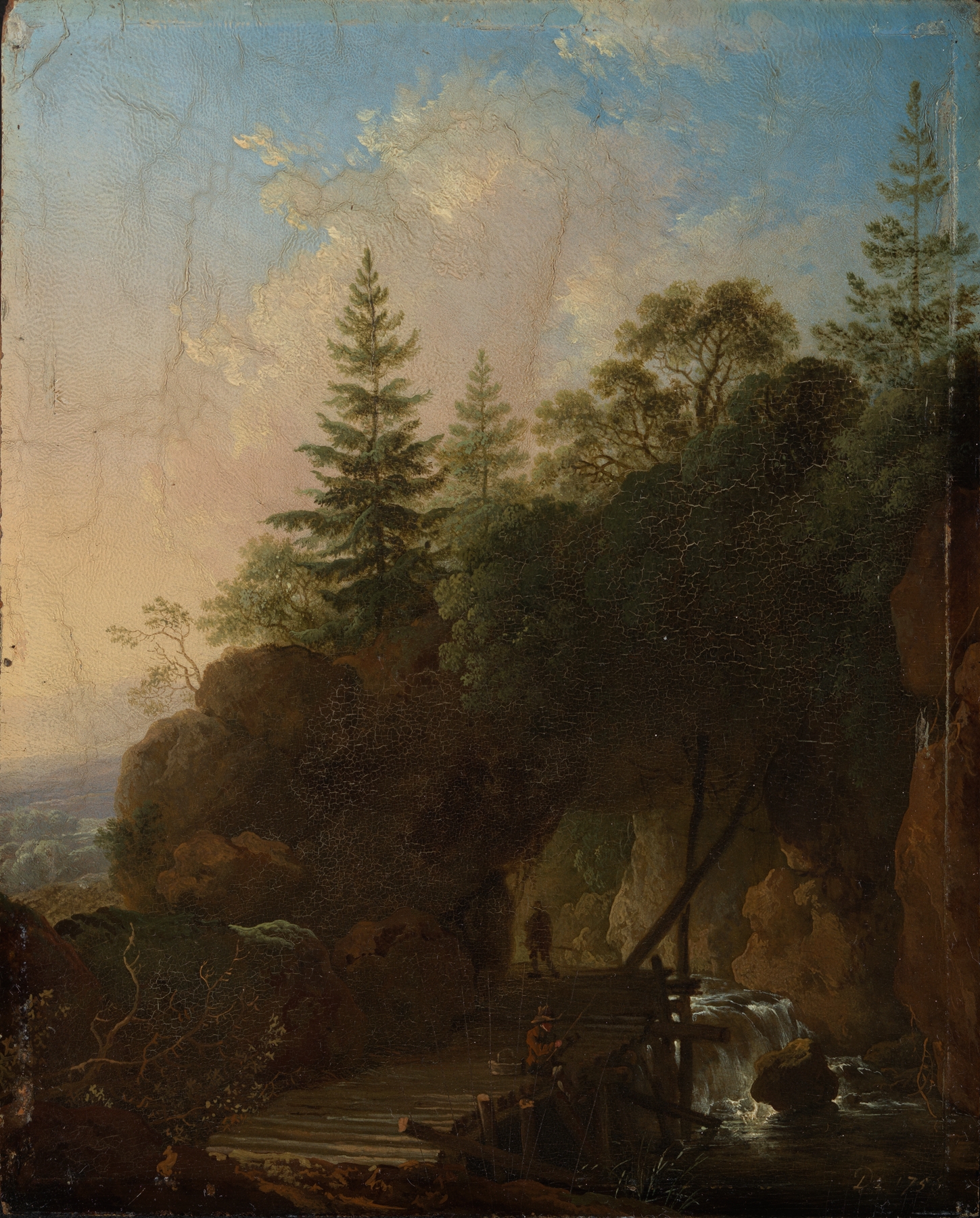 Gebirgslandschaft mit Wasserfall und hölzerner Brücke by Christian Wilhelm Ernst Dietrich