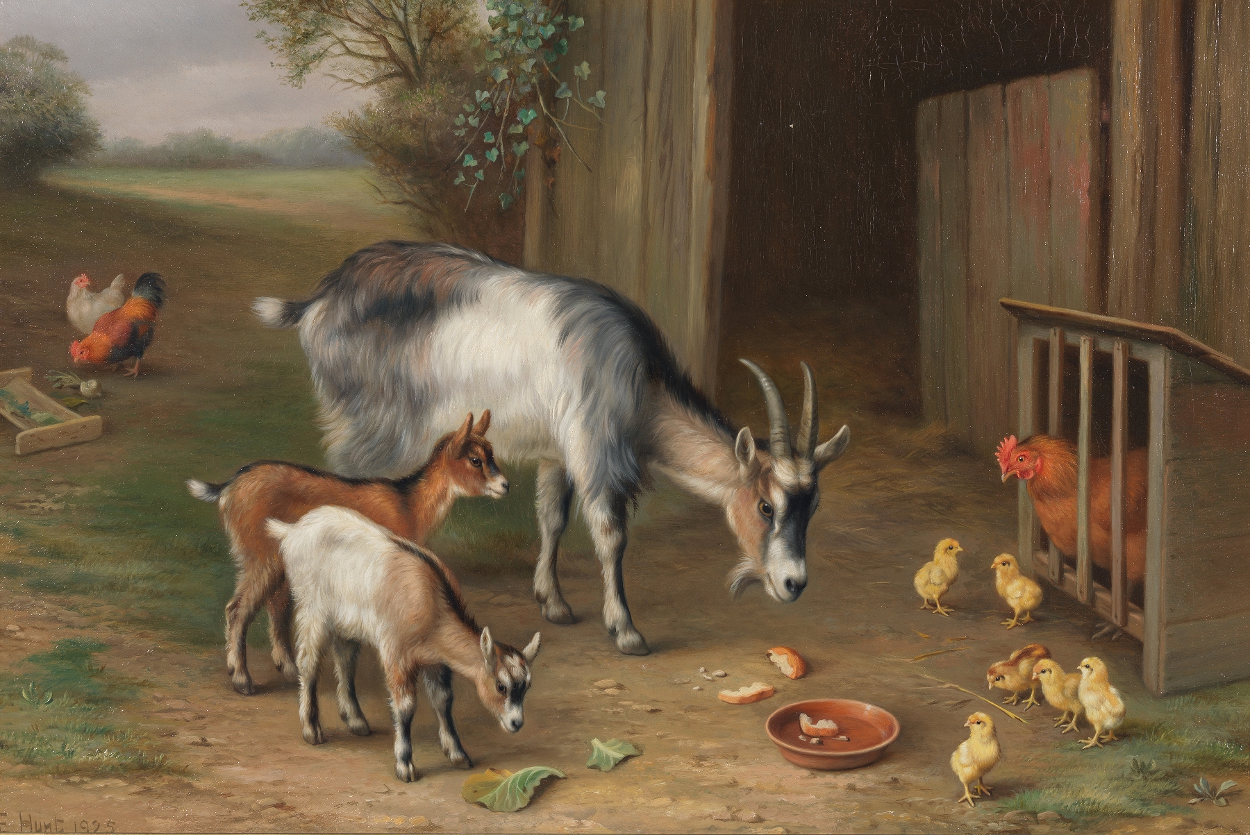Goats and chickens in a farmyard by Edgar Hunt
