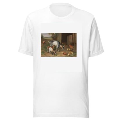 Goats and chickens in a farmyard by Edgar Hunt T-Shirt