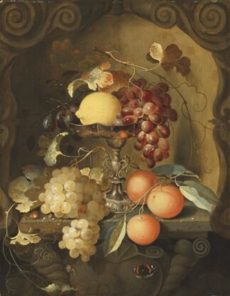 Grapes and a lemon on a tazza, with oranges on a ledge in a sculpted stone niche by Laurens Craen