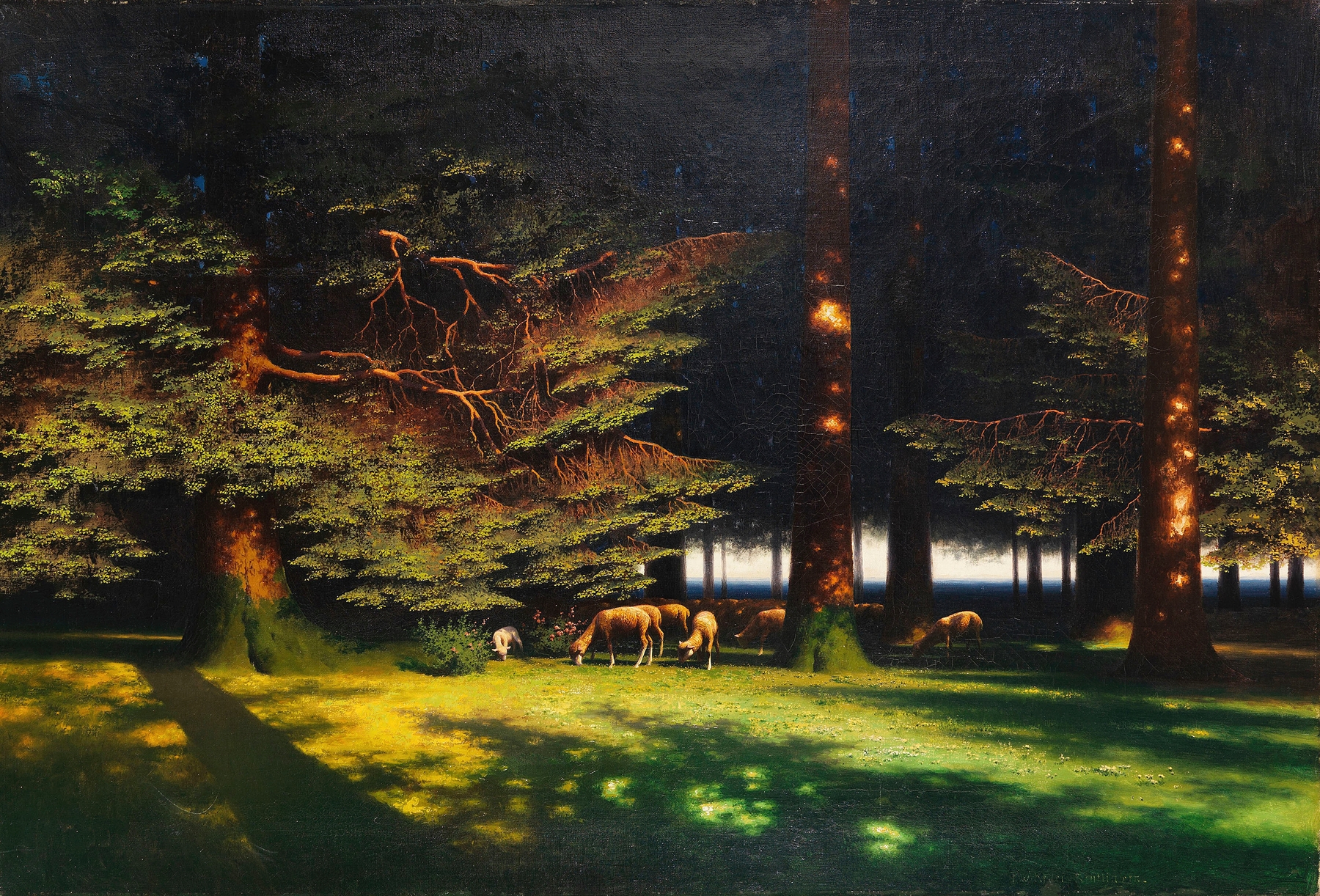 Grasende Schafe auf der Waldlichtung by Paul Wilhelm Keller-Reutlingen