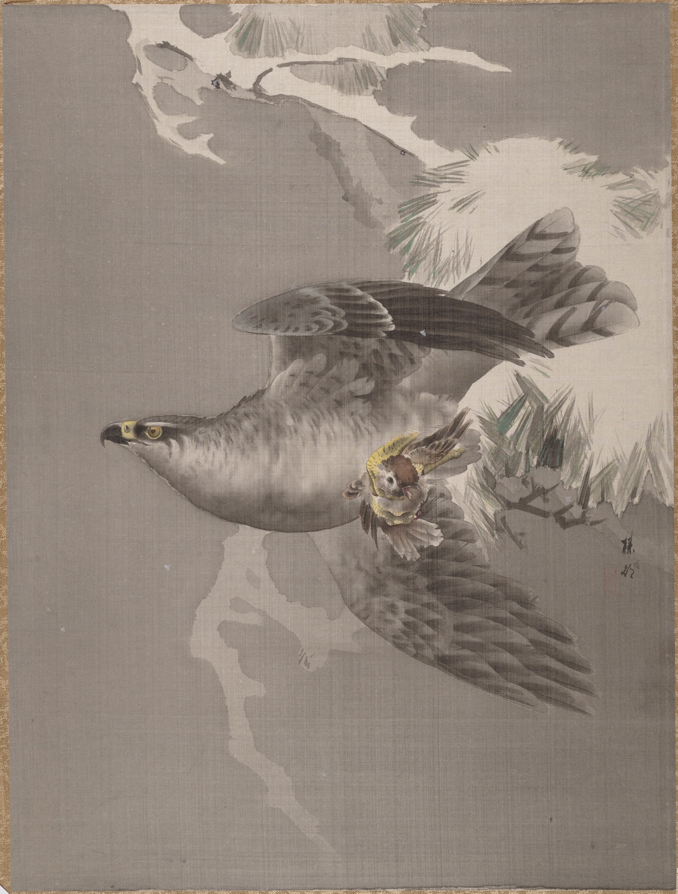 Hawk Holding a Small Bird by Okada Baison