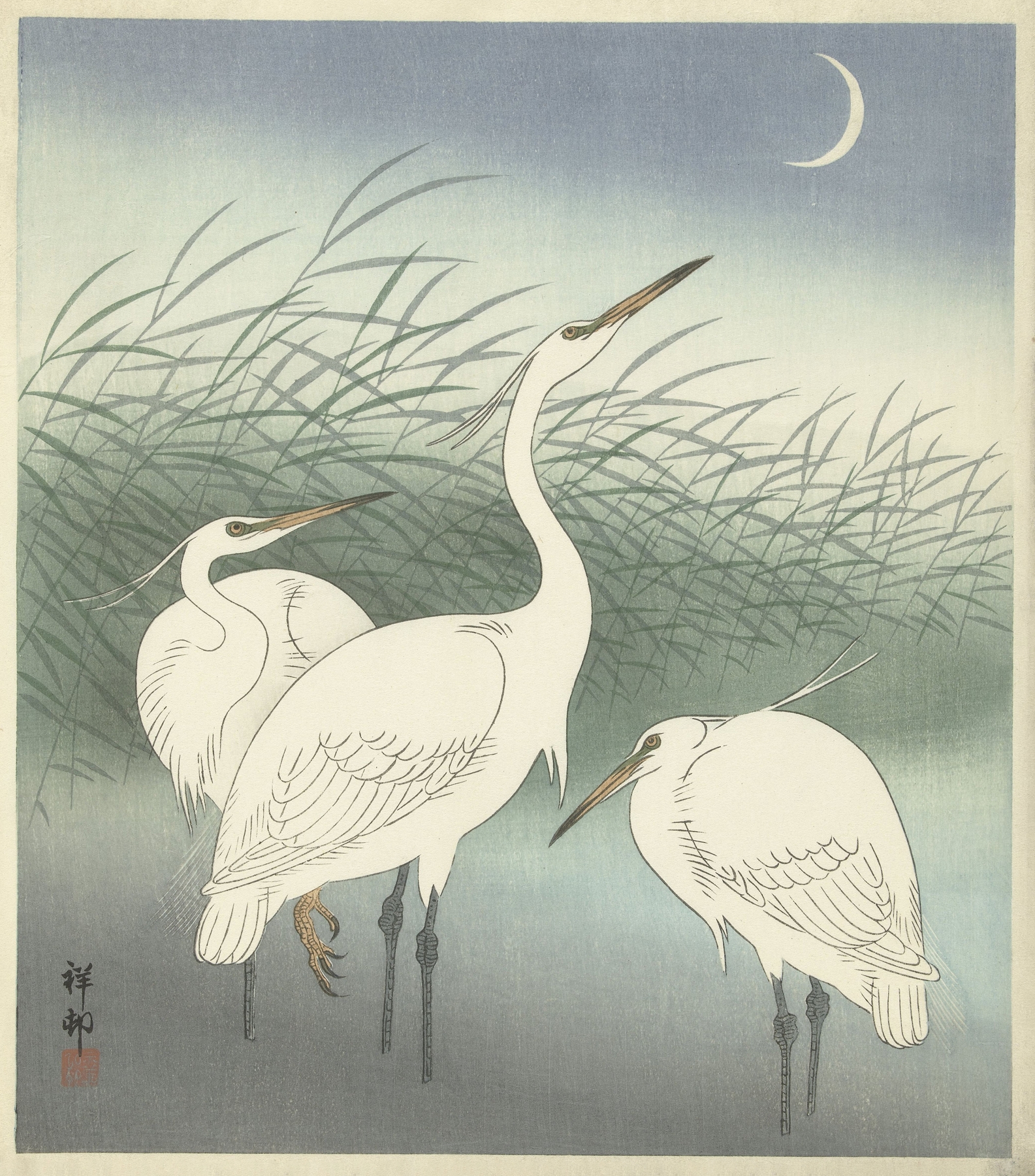 Herons in shallow water by Ohara Koson
