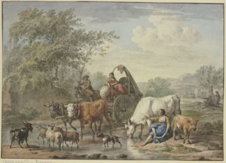 Hirten fahren mit einem Wagen durchs Wasser, rechts eine Hirtin, die sich die Füße wäscht, bei einer weißen Kuh by Aert Schouman