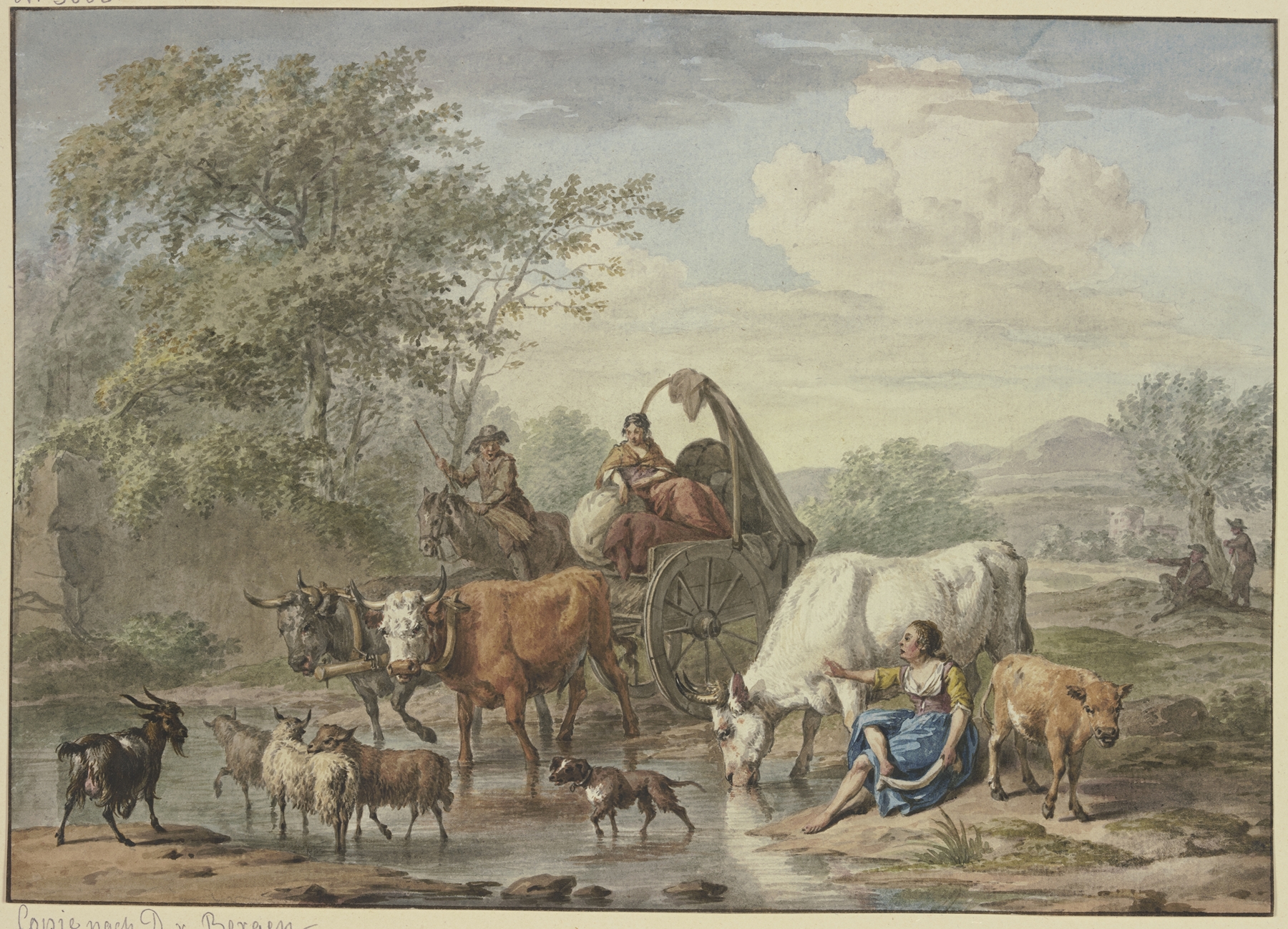 Hirten fahren mit einem Wagen durchs Wasser, rechts eine Hirtin, die sich die Füße wäscht, bei einer weißen Kuh by Aert Schouman