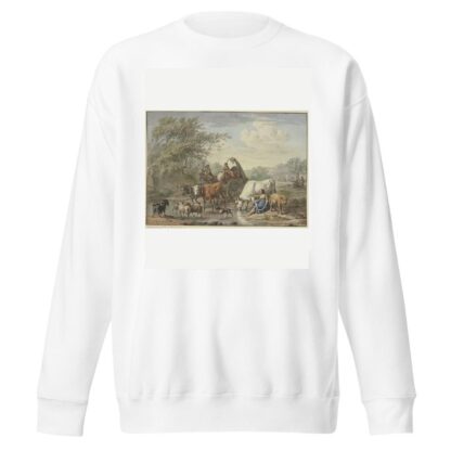 Hirten fahren mit einem Wagen durchs Wasser, rechts eine Hirtin, die sich die Füße wäscht, bei einer weißen Kuh by Aert Schouman Sweatshirt
