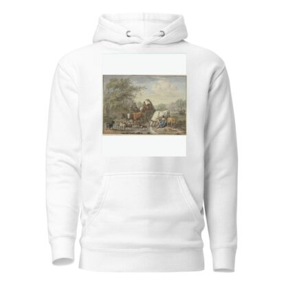 Hirten fahren mit einem Wagen durchs Wasser, rechts eine Hirtin, die sich die Füße wäscht, bei einer weißen Kuh by Aert Schouman Hoodie
