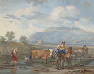 Hirten treiben Kühe durch ein Wasser, links trägt eine Frau ihr Kind auf dem Rücken, rechs reitet eine andere auf einem Esel by Aert Schouman