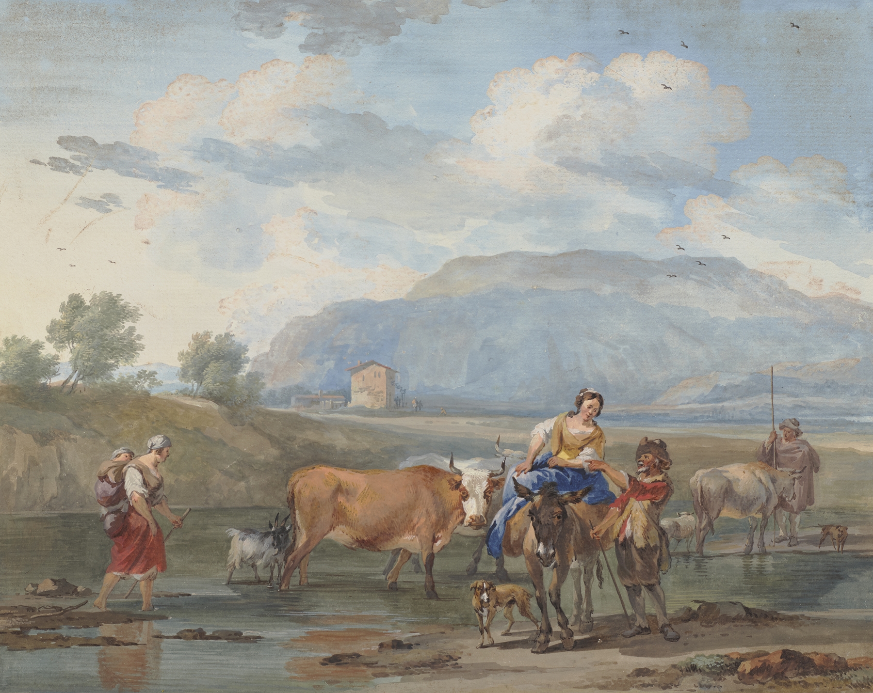 Hirten treiben Kühe durch ein Wasser, links trägt eine Frau ihr Kind auf dem Rücken, rechs reitet eine andere auf einem Esel by Aert Schouman