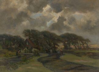 Huisje bij boomrand en vrouwen met visnetten by Frans Smissaert