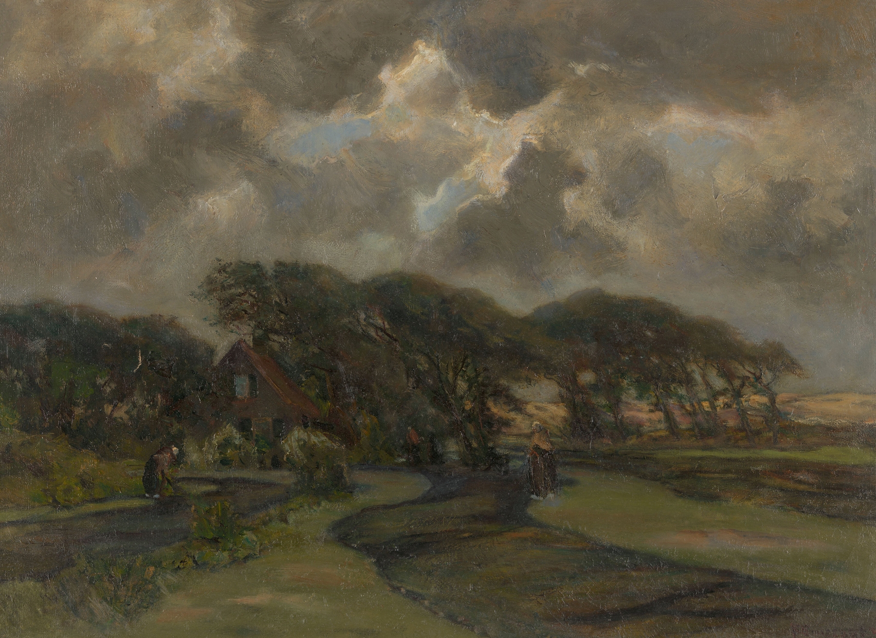 Huisje bij boomrand en vrouwen met visnetten by Frans Smissaert