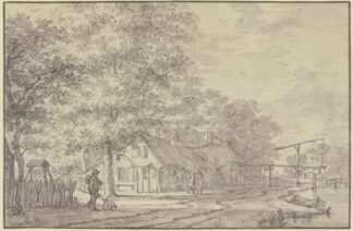 Hütten unter Bäumen, dabei eine Wasserhebemaschine by Jacob Cats