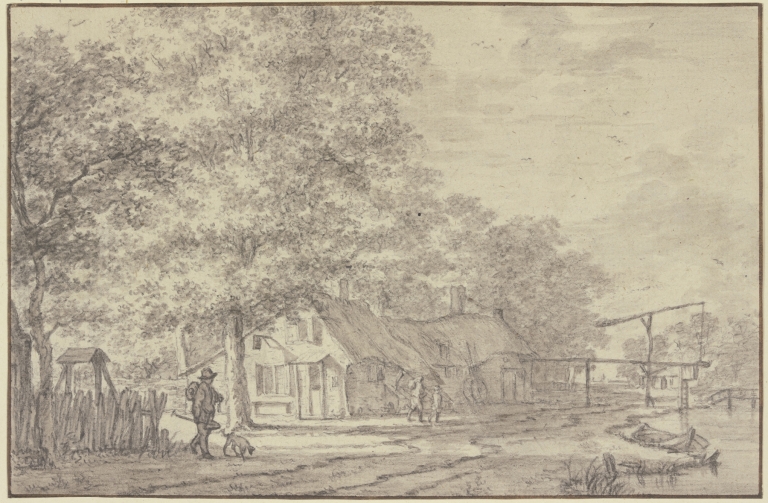Hütten unter Bäumen, dabei eine Wasserhebemaschine by Jacob Cats