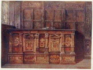 Inlaid muniment chest. Presented by Sir Hugh Offley, when Lord Mayor of London in 1556, to St. Mary Overie, now St. Saviour’s, Southwark Cathedral. by Edwin Foley
