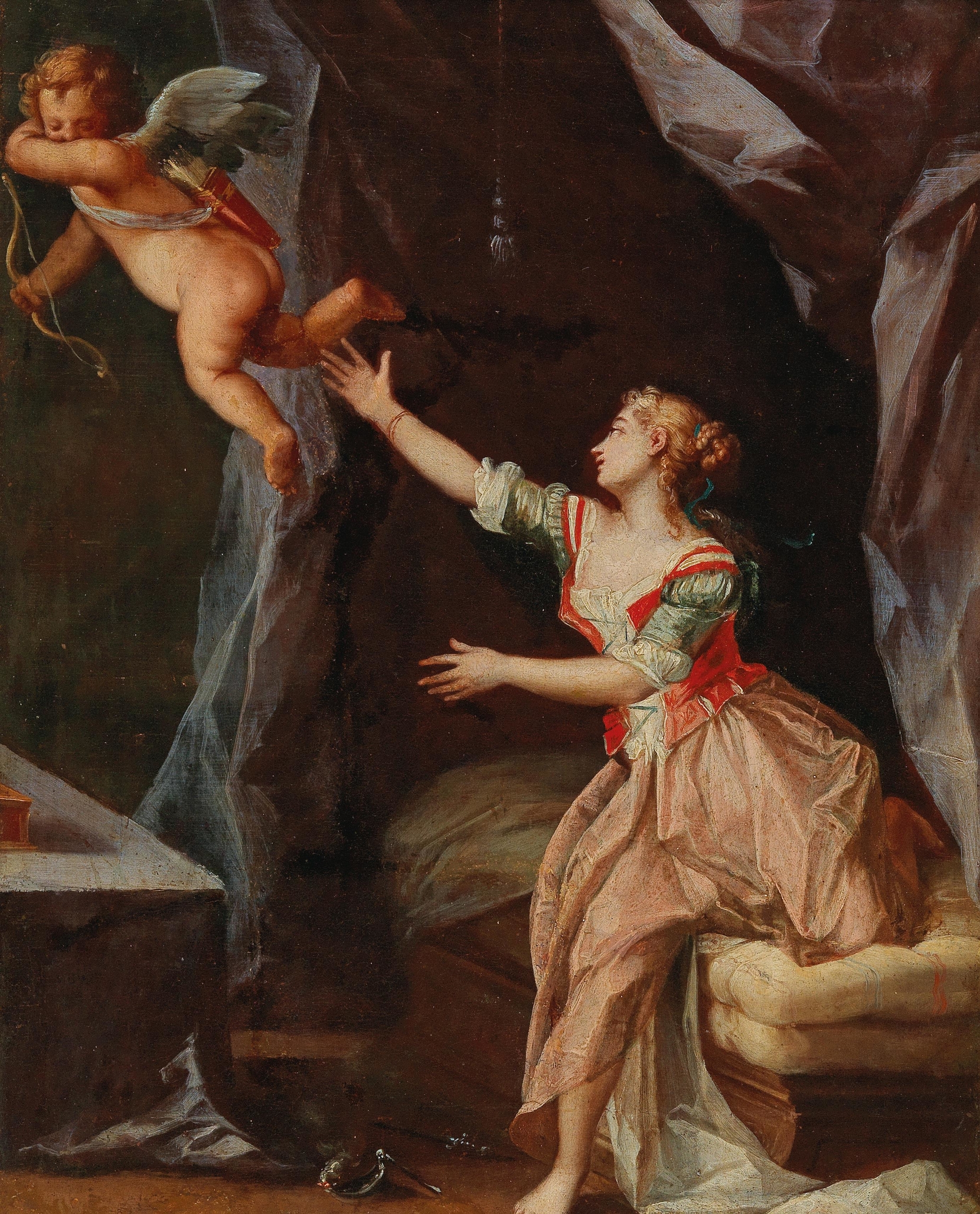 Interior with a woman and Amor flying away by French School