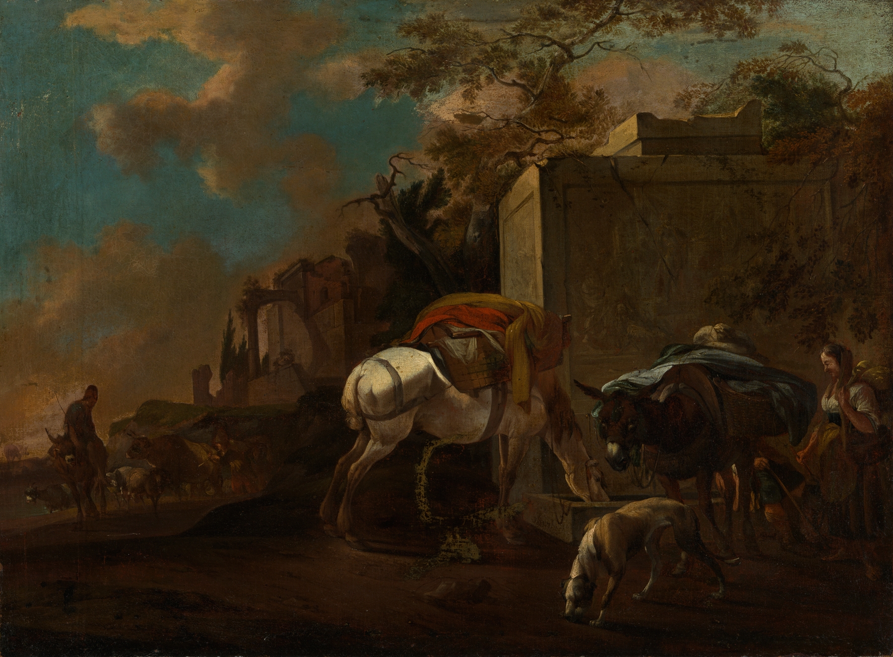 Italienische Landschaft mit Bauern und Vieh am Brunnen by Jan van Ossenbeeck