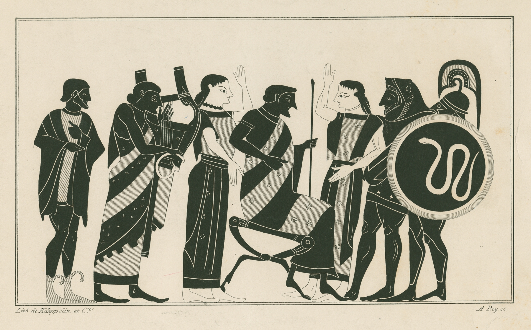 Jupiter, about to give birth to Minerva, is attended by two Eileithyias by A. Rey