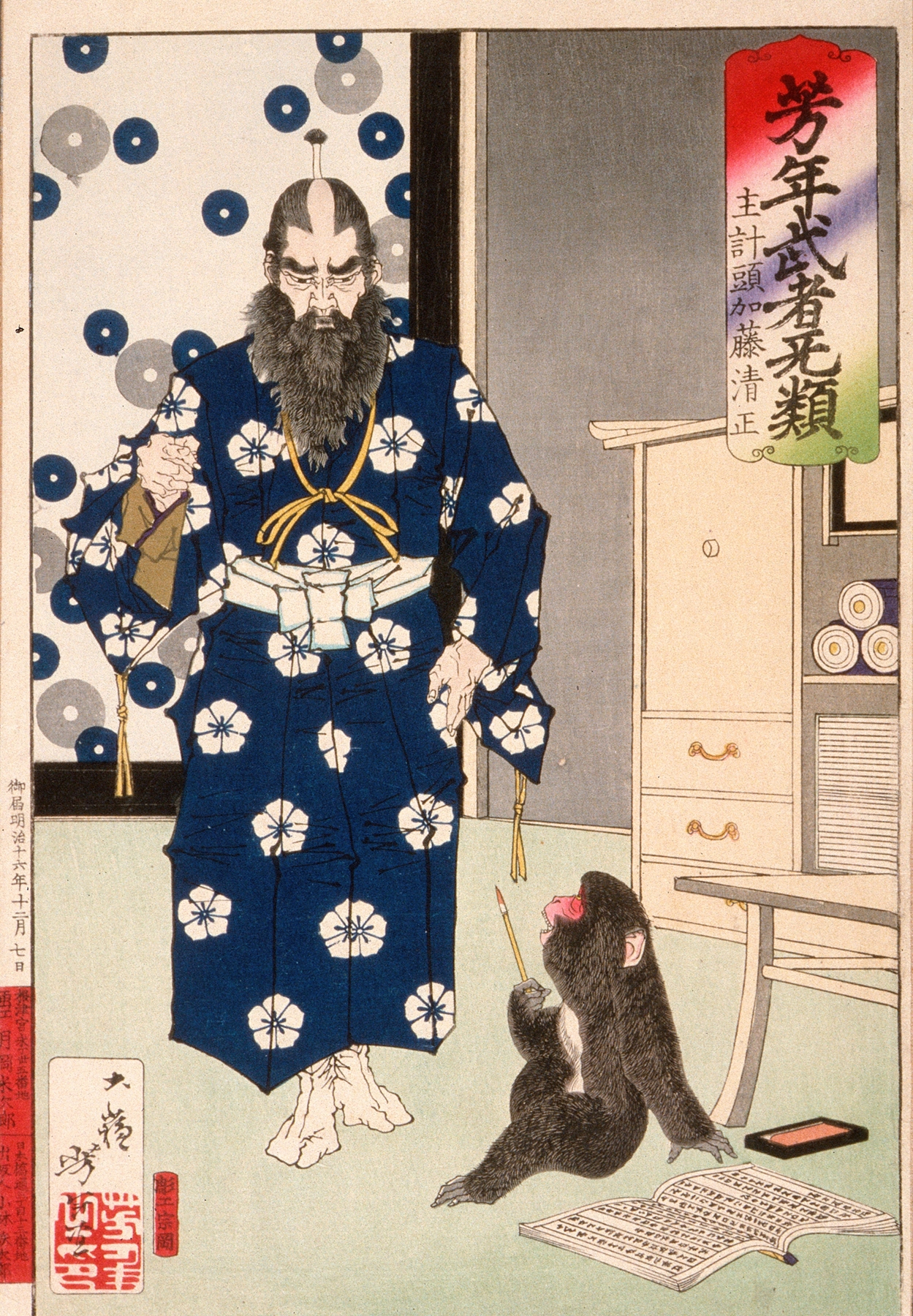 Kazuenokami Katō Kiyomasa Observing a Monkey with a Writing Brush by Tsukioka Yoshitoshi