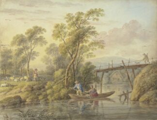 Landschaft mit einem Bach, über den eine hölzerne Brücke führt by Carl Philipp Schallhas