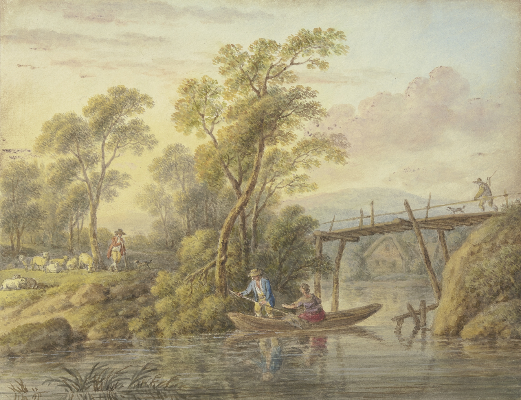 Landschaft mit einem Bach, über den eine hölzerne Brücke führt by Carl Philipp Schallhas