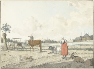 Landschap met boerin en vee by W. Barthautz