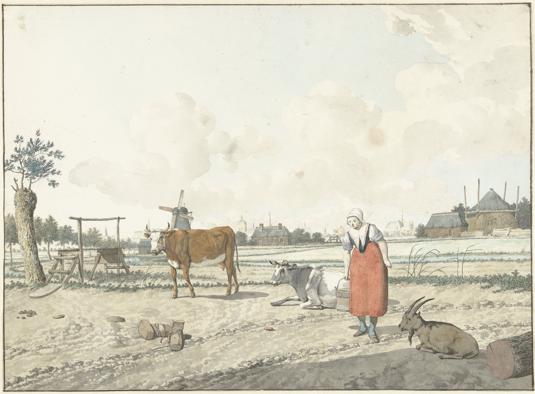 Landschap met boerin en vee by W. Barthautz