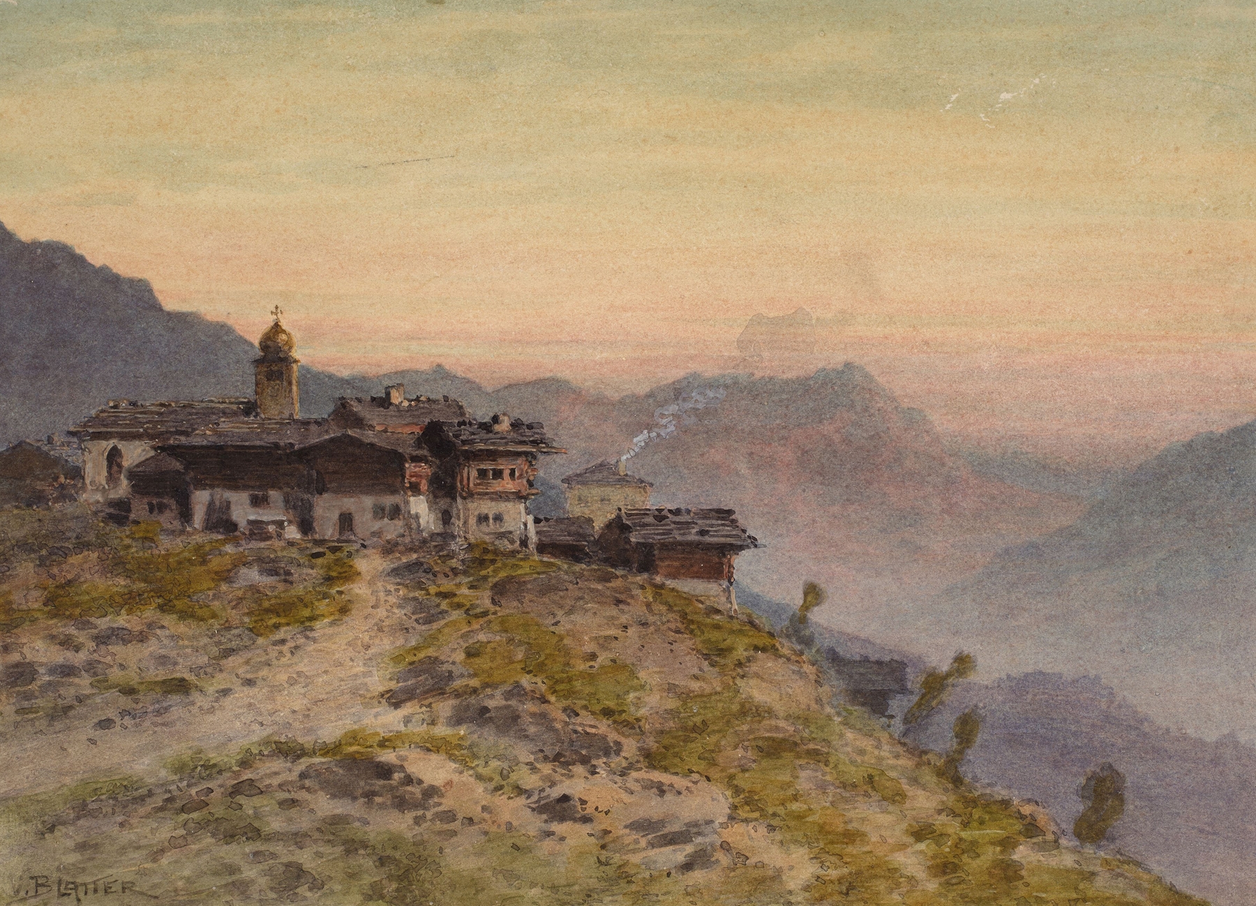 Lever de soleil sur un village alpin by Vincent Blatter