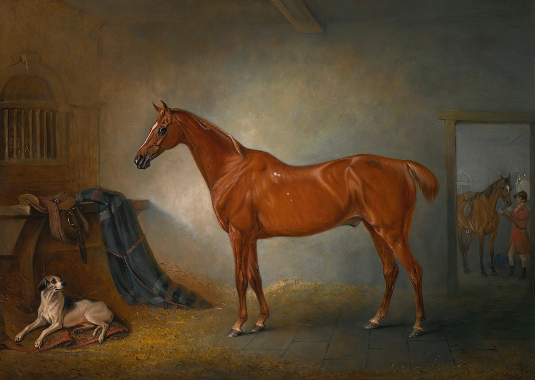 Lord Henry Bentinck’s Chestnut Hunter Firebird And Policy, A Foxhound, In A Loose Box by John Ferneley