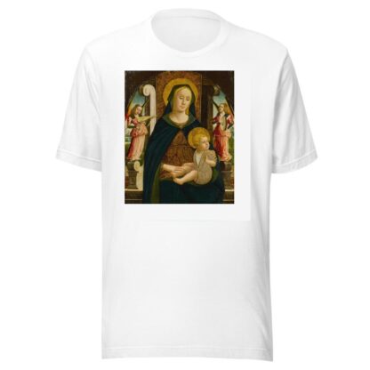 Madonna and Child enthroned with two angels by Giovanni Mazone T-Shirt
