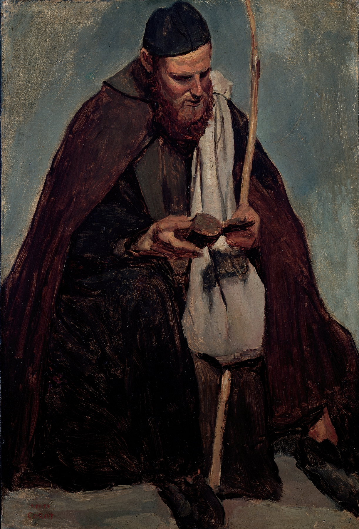 Moine italien assis, lisant by Jean-Baptiste-Camille Corot