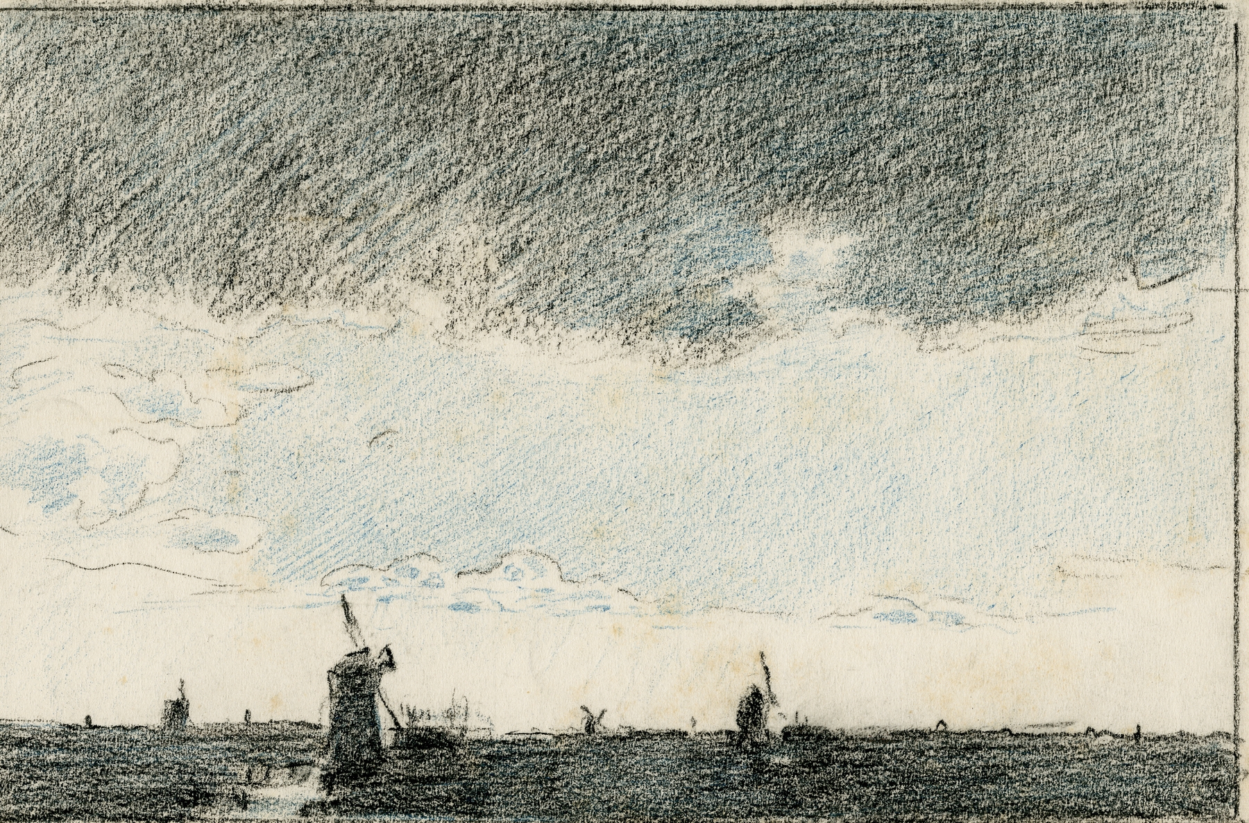 Molens in vlakte bij regen by Adolf le Comte