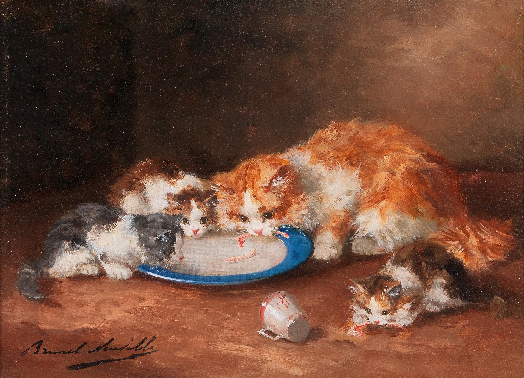 Mother Cat with Three Kittens by Arthur-Alfred Brunel de Neuville