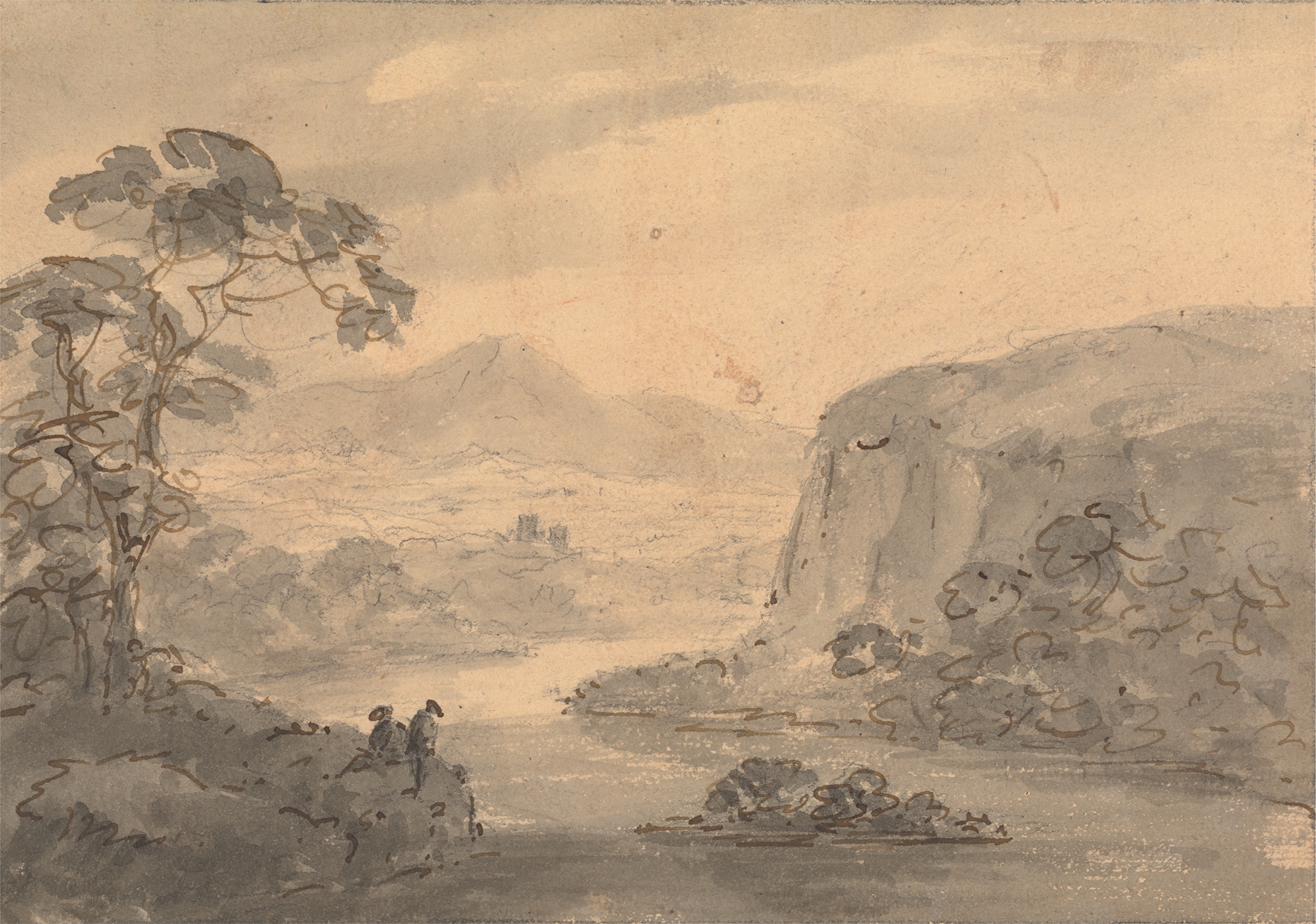 Mountainous Landscape with Two Figures overlooking a Lake by William Gilpin