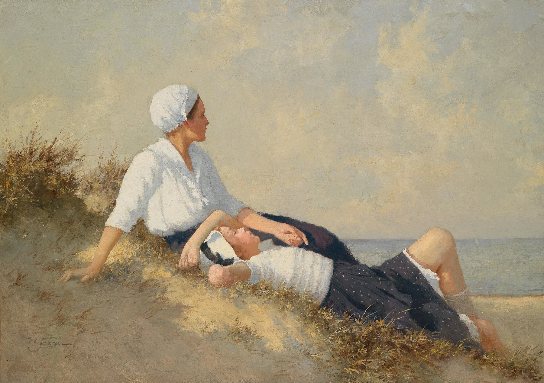 Mutter und Tochter am Strand by Hermann Seeger