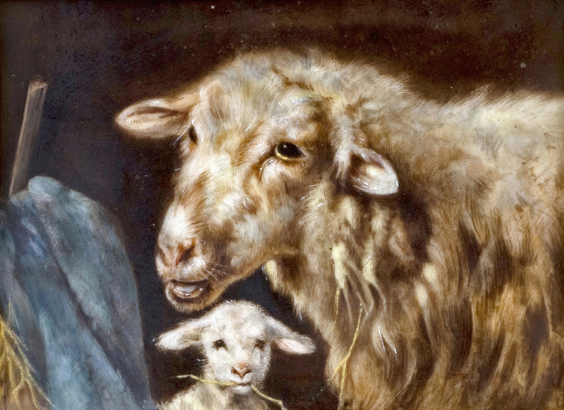 Mutterschaf mit Lamm im Stall by Friedrich Otto Gebler