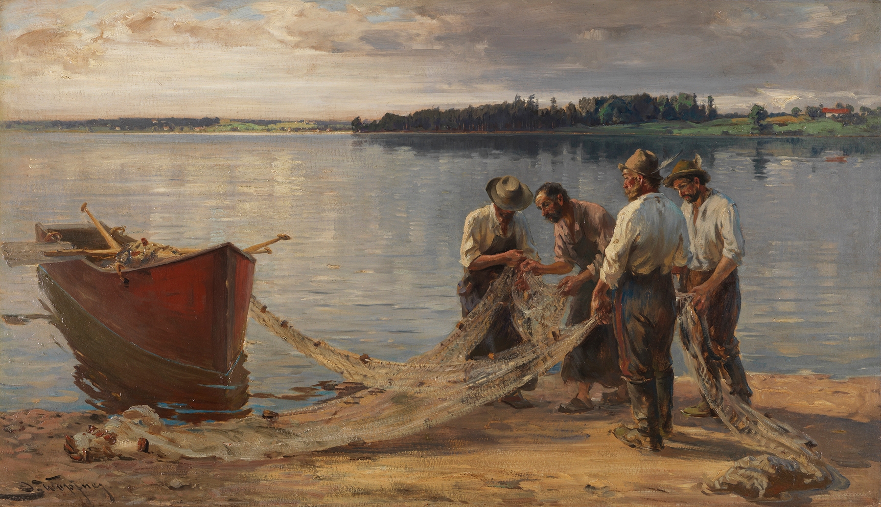 Netzflickende Fischer am Chiemseeufer by Joseph Wopfner