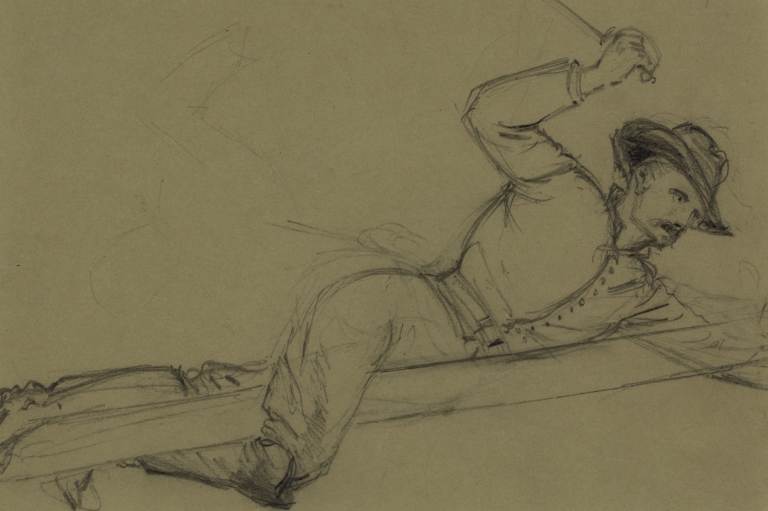 Officer climbing a flagpole, sword in hand by Alfred Rudolph Waud