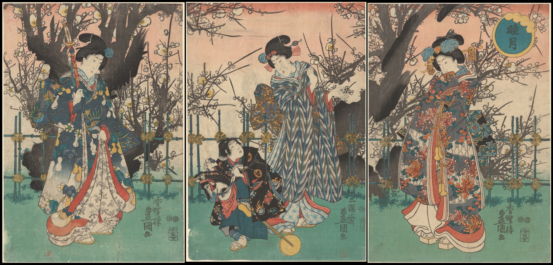 Old Cherry in Spring, Three Women and a Child with Hobby Horse Walking Past by Utagawa Toyohiro